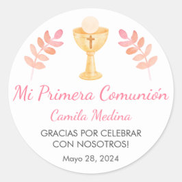 Niedliche rosa Blätter in Spanisch Erste Kommune Runder Aufkleber