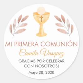 Niedliche rosa Blätter in Spanisch Erste Kommune Runder Aufkleber