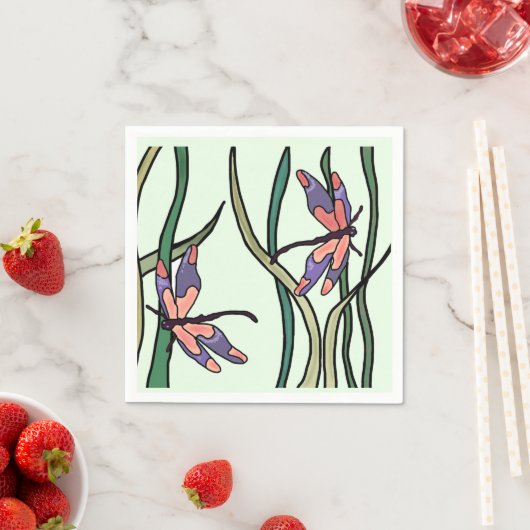 Niedliche Rosa blaue Libellen und grüne Blätter Serviette (Beispiel)