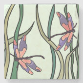 Niedliche Rosa blaue Libellen und grüne Blätter Steinuntersetzer (Vorderseite)