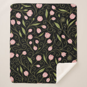 Niedliche, rosa Blume auf schwarz mit sich wiederh Sherpadecke