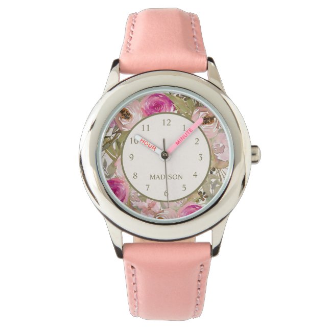 Niedliche rosa Blume für den Namen des Kindes Armbanduhr (Vorderseite)