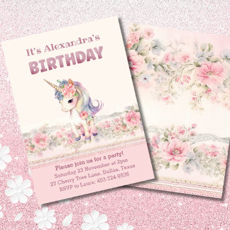 Niedliche Rosa Blume Girl Unicorn Geburtstag Einladung