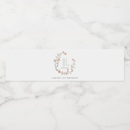 Niedliche Rosa Blume Kranz Mädchen jedes Jahr Gebu Wasserflaschenetikett (Einzelnes Label)