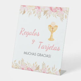 Niedliche rosa Blume und Chalice Erste Kommune Sockelschild