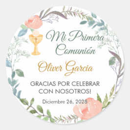 Niedliche rosa Blume und Kalice Erste Kommune Runder Aufkleber