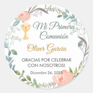 Niedliche rosa Blume und Kalice Erste Kommune Runder Aufkleber