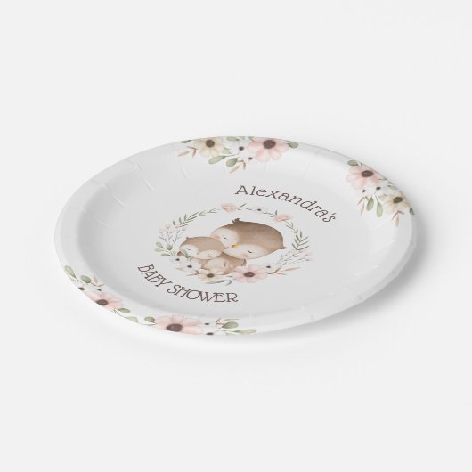 Niedliche Rosa Blume Woodland Owl Babydusche Pappteller (Schrägansicht)