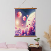 Niedliche, rosa Blumenlandschaft im Weltraum Wandteppich Mit Holzrahmen (Schlafzimmer)