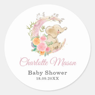 Niedliche Rosa Blumenmoon Girl Elephant Babydusche Runder Aufkleber