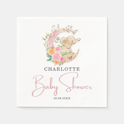 Niedliche Rosa Blumenmoon Girl Elephant Babydusche Serviette (Vorderseite)