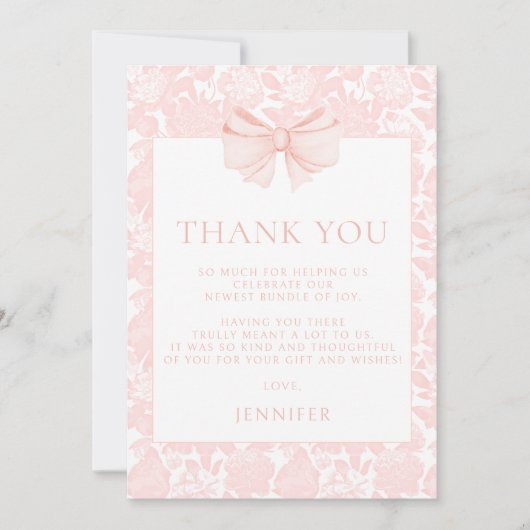 Niedliche, rosa Bugband-Blumenzange-Babydusche Dankeskarte (Vorderseite)