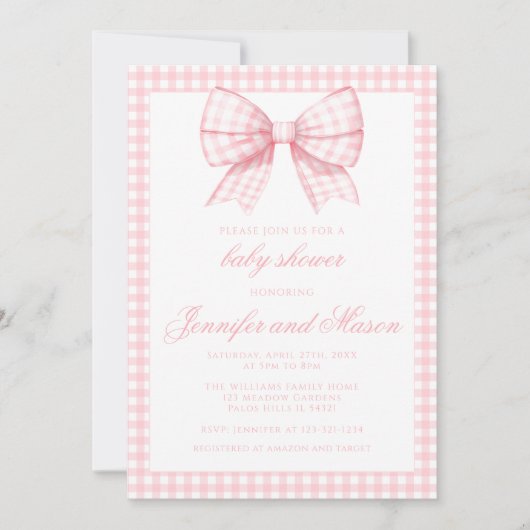 Niedliche Rosa Bugband Gingham-Kindermädchen-Dusch Einladung (Vorderseite)