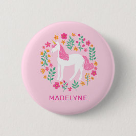 Niedliche Rosa Einhorn-Blume Name-Tag Button
