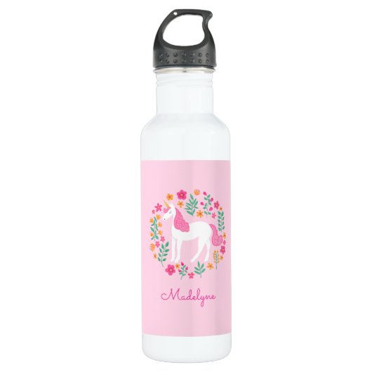 Niedliche Rosa Einhorn-Blume Personalisiert Name Edelstahlflasche (Vorderseite)