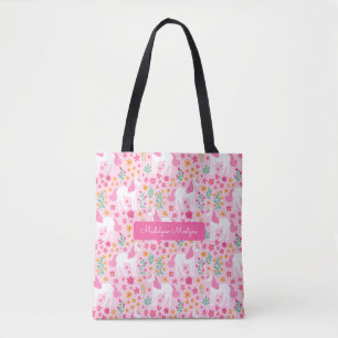 Niedliche Rosa Einhorn-Blume Personalisiert Name Tasche