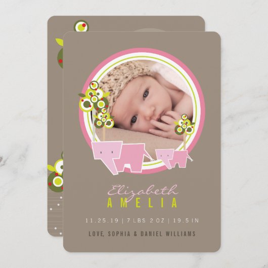 Niedliche rosa Elefanten Familienjunges Mädchen Fo Ankündigung (Vorne/Hinten)