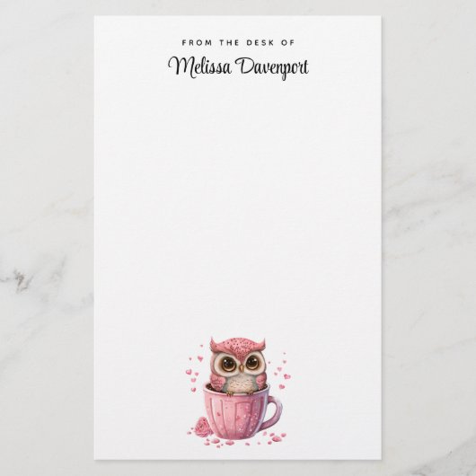 Niedliche rosa Eule im Cup Briefpapier (Vorderseite)