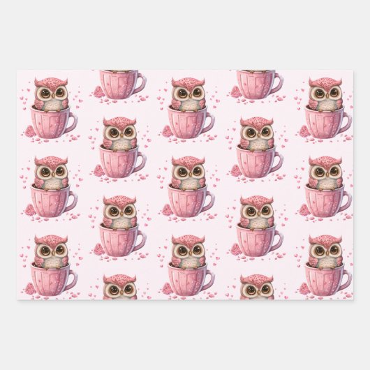 Niedliche rosa Eule im Cup Gemustert Geschenkpapier Set (Vorderseite 2)