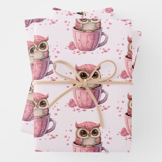 Niedliche rosa Eule im Cup Gemustert Geschenkpapier Set (Beispiel)