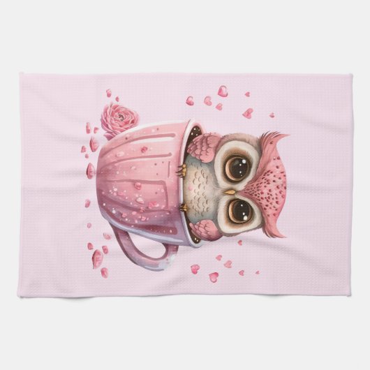 Niedliche rosa Eule im Cup Geschirrtuch (Horizontal)