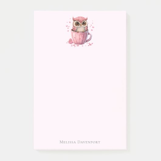 Niedliche rosa Eule im Cup Post-it Klebezettel (Vorderseite)