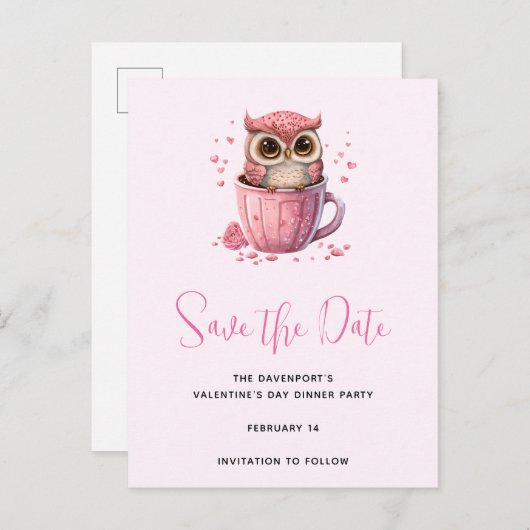 Niedliche rosa Eule im Cup Save the Date Einladungspostkarte (Vorne/Hinten)