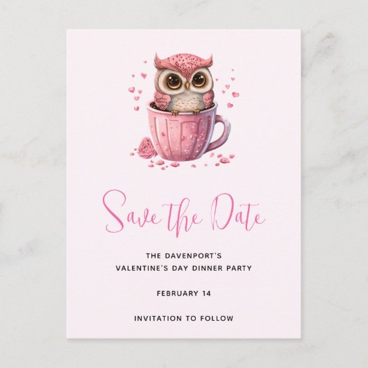 Niedliche rosa Eule im Cup Save the Date Einladungspostkarte (Vorderseite)