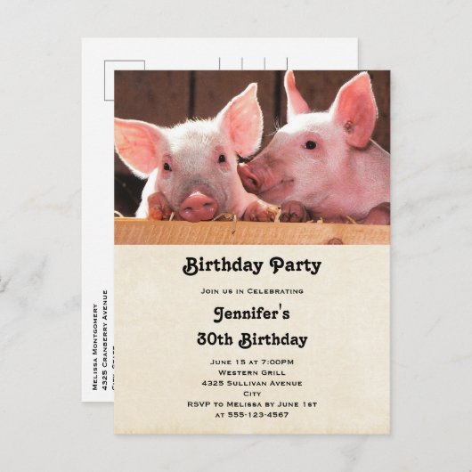 Niedliche Rosa Ferkel Tierisches Foto Geburtstag e Einladungspostkarte (Vorne/Hinten)