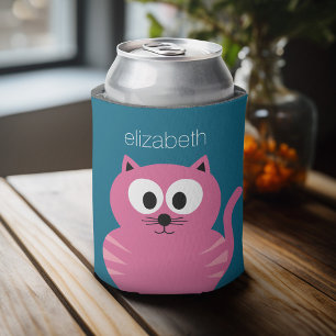 Niedliche rosa fette Katze - blauer Hintergrund Dosenkühler