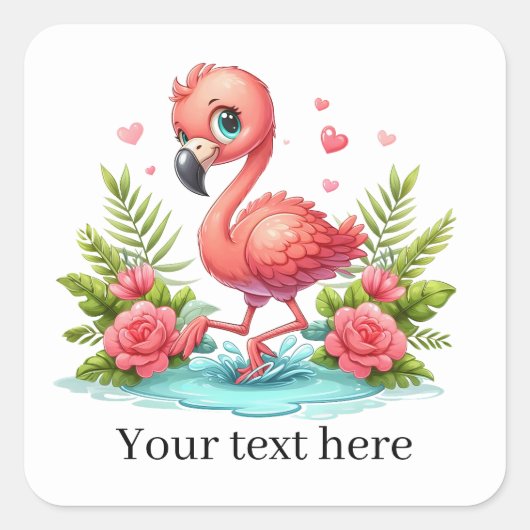 Niedliche rosa Flamingo-Blume fügen Text hinzu Quadratischer Aufkleber (Vorderseite)