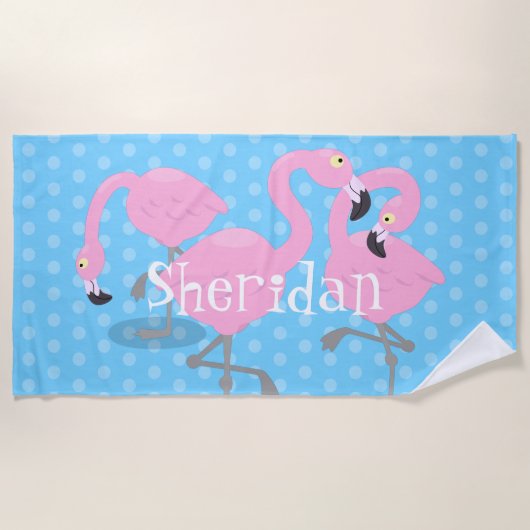 Niedliche Rosa Flamingo triblauer Cartoon Abbildun Strandtuch (Vorderseite)