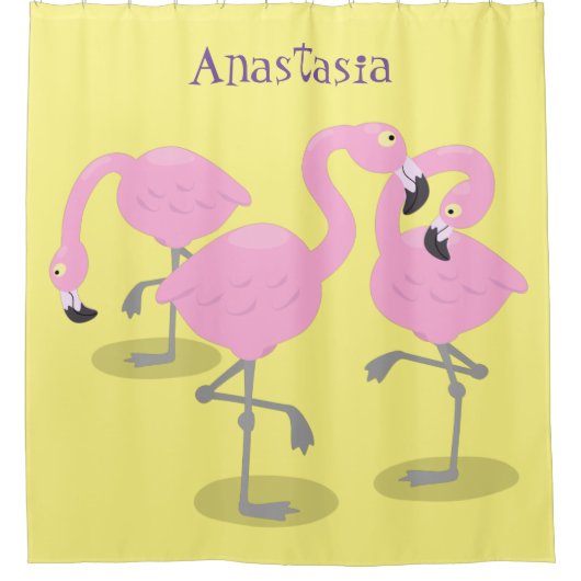 Niedliche Rosa-Flamingo-Trio-Cartoon-Abbildung Duschvorhang (Vorderseite)