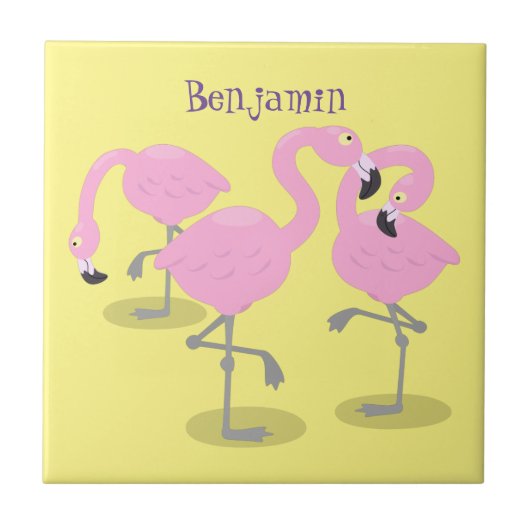 Niedliche Rosa-Flamingo-Trio-Cartoon-Abbildung Fliese (Vorderseite)