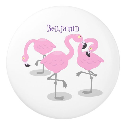 Niedliche Rosa-Flamingo-Trio-Cartoon-Abbildung Keramikknauf (Vorderseite)