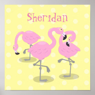 Niedliche Rosa-Flamingo-Trio-Cartoon-Abbildung Poster