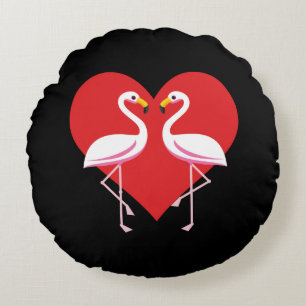 Niedliche Rosa Flamingos mit rotem Herzen Rundes Kissen