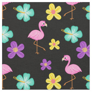 Niedliche rosa Flamingos und Blume Schwarz Stoff