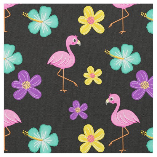 Niedliche rosa Flamingos und Blume Schwarz Stoff (Nahaufnahme)