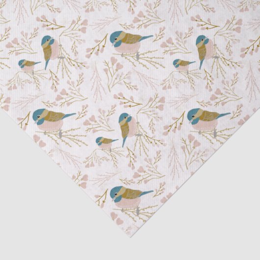 Niedliche Rosa Gold Chickadee Herz-Blumendruck Seidenpapier (Detail)