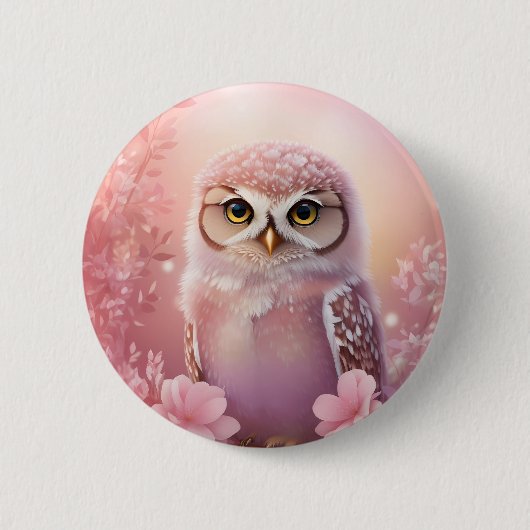 Niedliche, rosa, grasende Eule Button (Vorderseite)