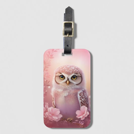 Niedliche, rosa, grasende Eule Gepäckanhänger (Vorderseite Vertikal)