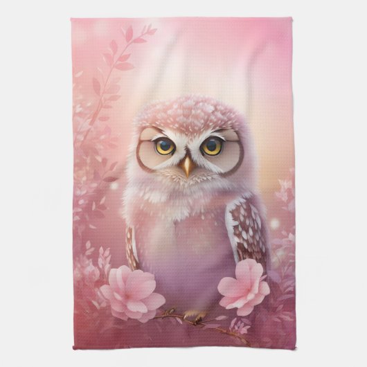 Niedliche, rosa, grasende Eule Geschirrtuch (Vertikal)