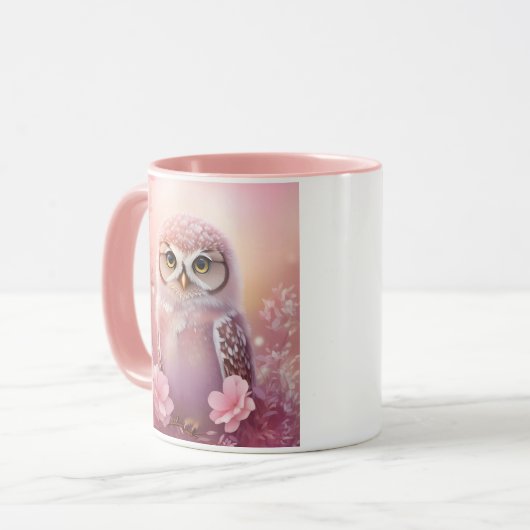 Niedliche, rosa, grasende Eule Tasse (Vorderseite Links)