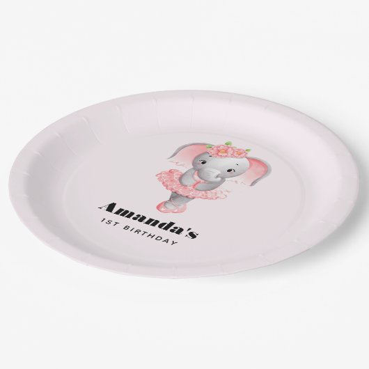Niedliche Rosa & Grau Elephant Ballerina Geburtsta Pappteller (Schrägansicht)