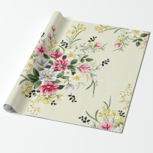 niedliche rosa, graue und gelbe Blumen mit grünem Geschenkpapier