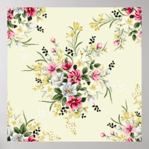 niedliche rosa, graue und gelbe Blumen mit grünem Poster