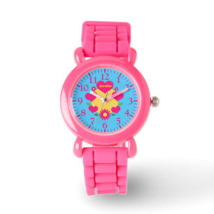 Niedliche rosa gürtelige Herzen und Blume monogram Armbanduhr