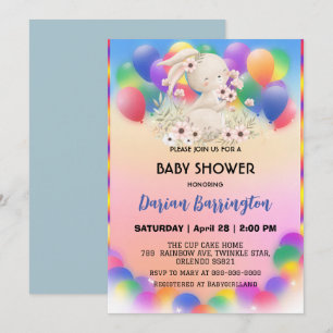 Niedliche Rosa Hasen Blume Ballon Babydusche Einladung