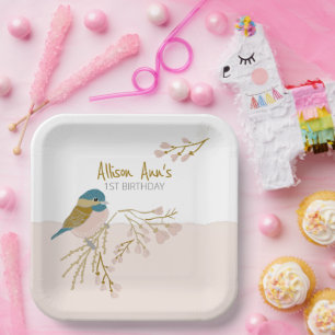 Niedliche Rosa Herzen Chickadee Bird Blumendruck Pappteller